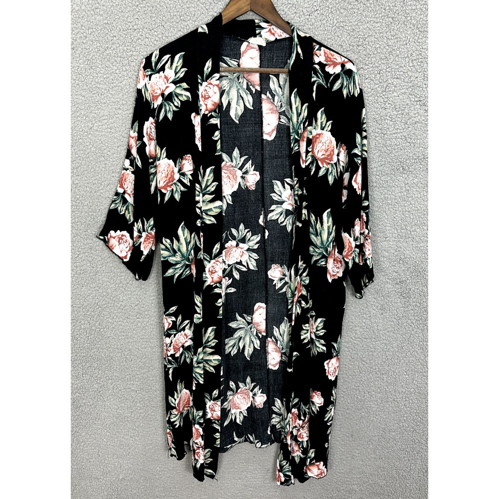 Caution To The Wind Kimono Cardigan Cover Up One Size Black Floral Boho Beach